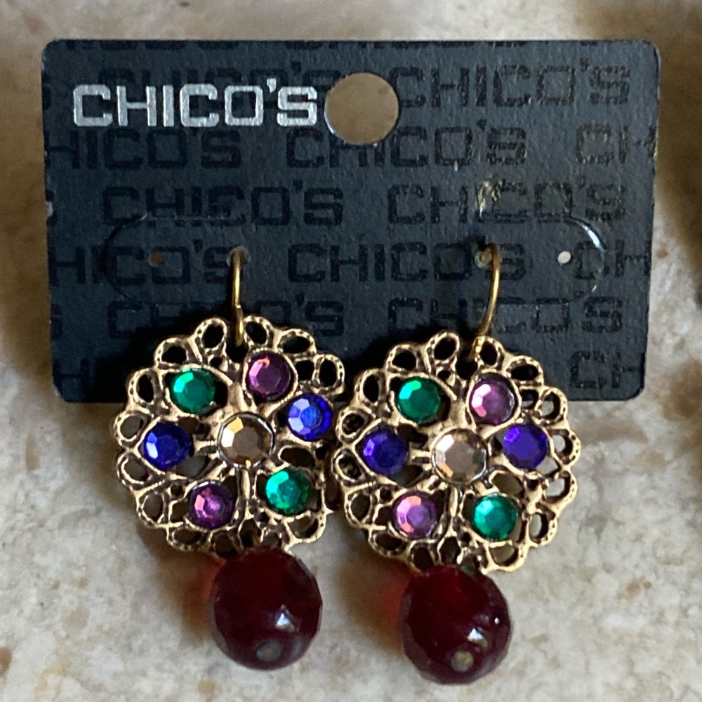 CHICO’S Annelle Dangling Gold Tone Disk & Faceted Glass Bead Earrings